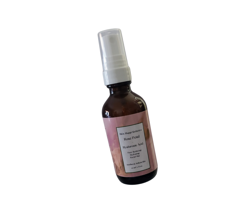 Rose and hyaluronic acid pore-refining face toner in an amber bottle on a white surface.